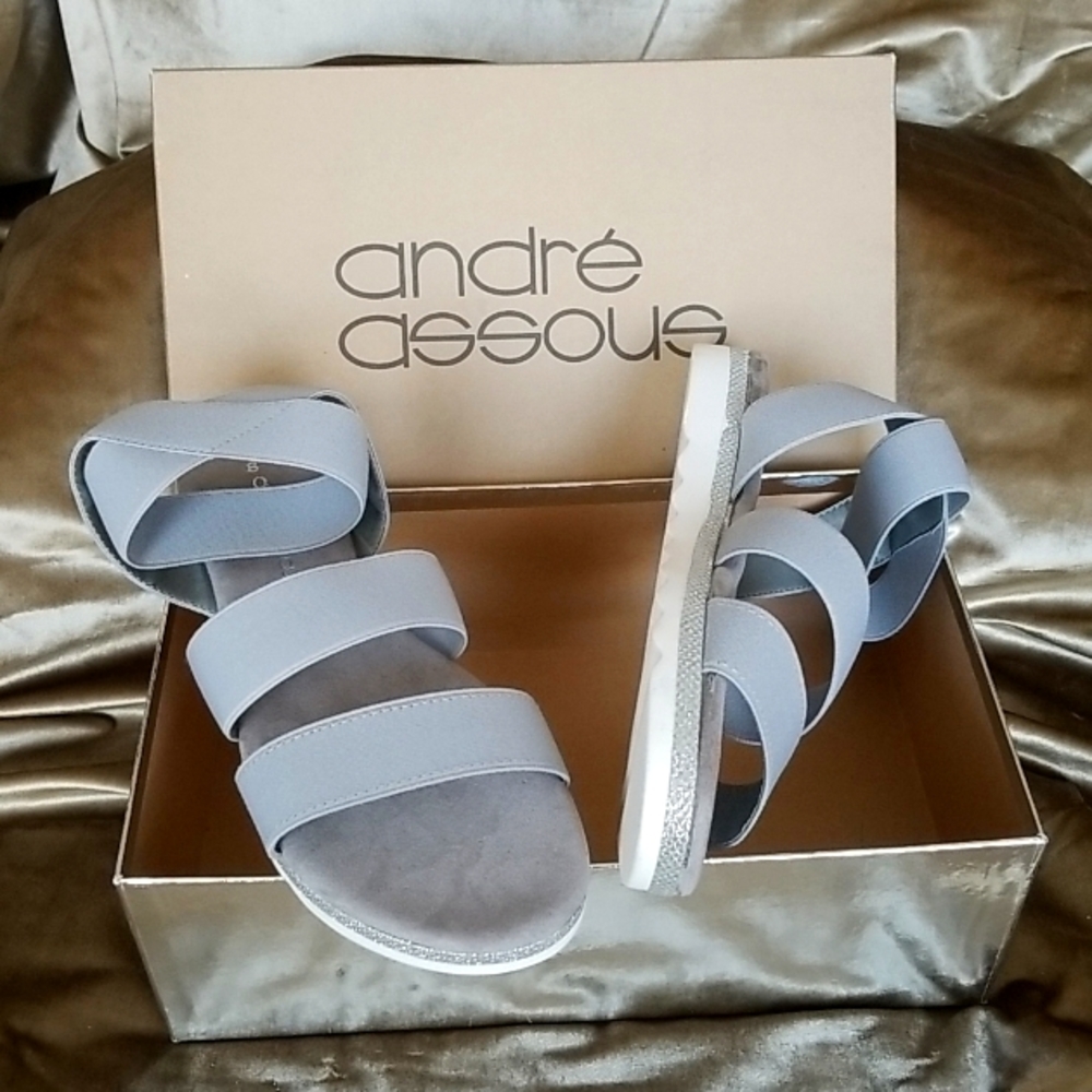 ANDRE ASSOUS Slingback Flat Verna Grey Sandals Stretch Straps Size 8N NEW